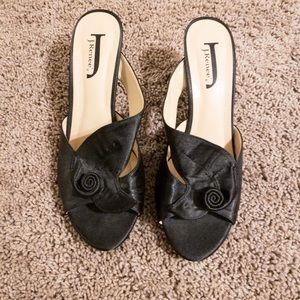 Black satin heel sandal.